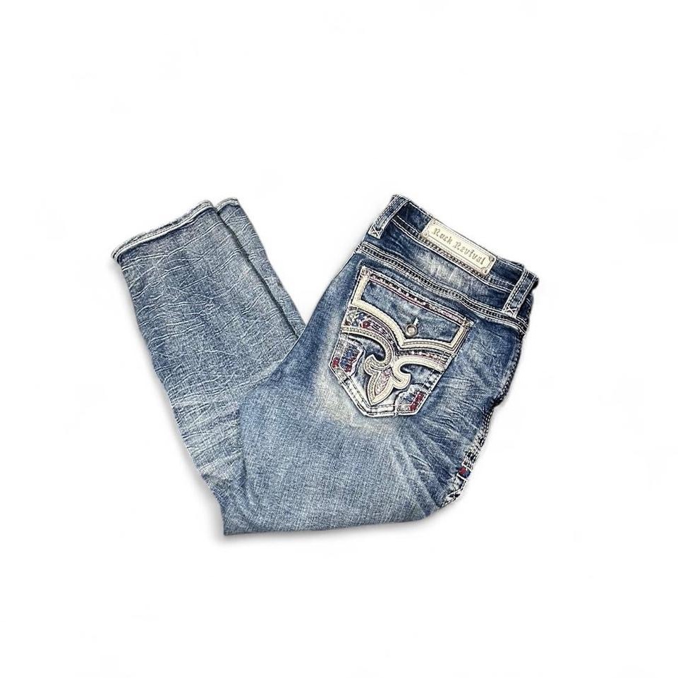 Rock Revival Blue Jeans With Embroidered Back Pockets